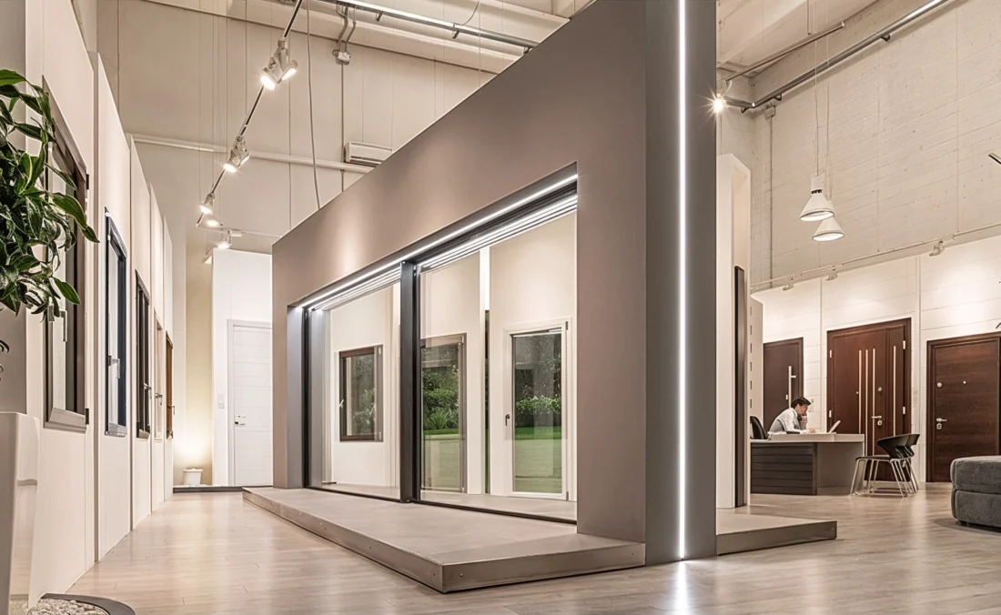 Showroom serramenti moderno con ampio spazio espositivo, mostra porte e finestre in modo ideale