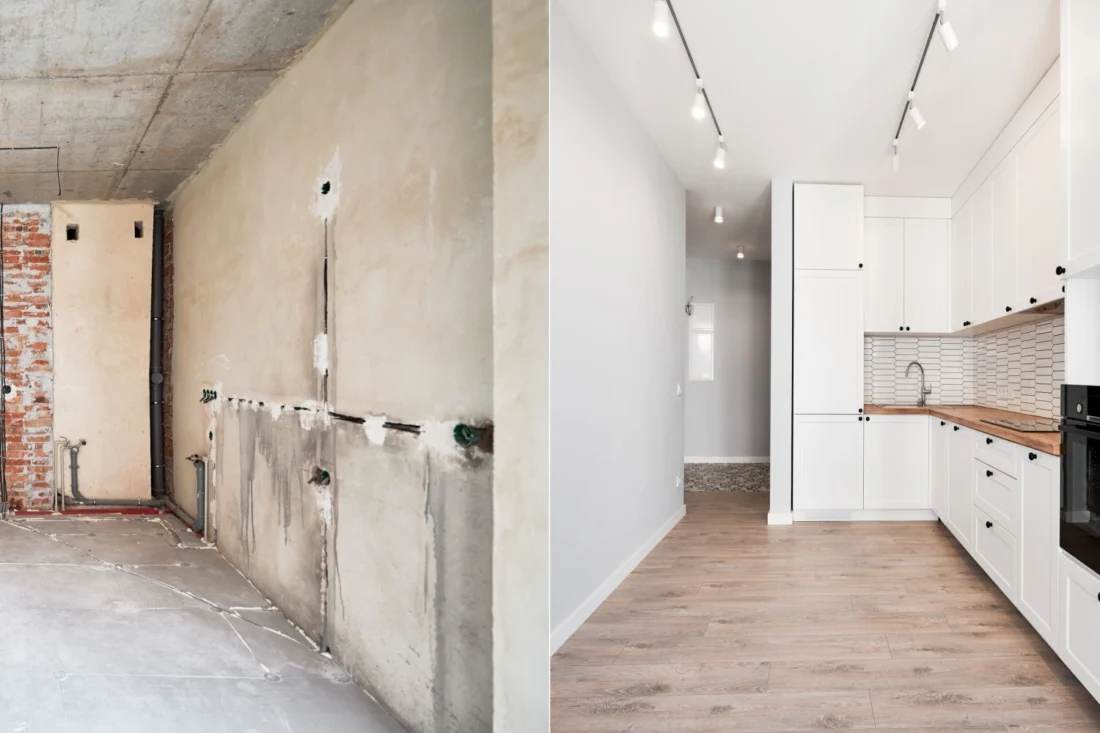 foto che mette a confronto due momenti diversi a confronto: a sinistra una casa da ristrutturare o una casa da costruire, a destra una foto del risultato finale